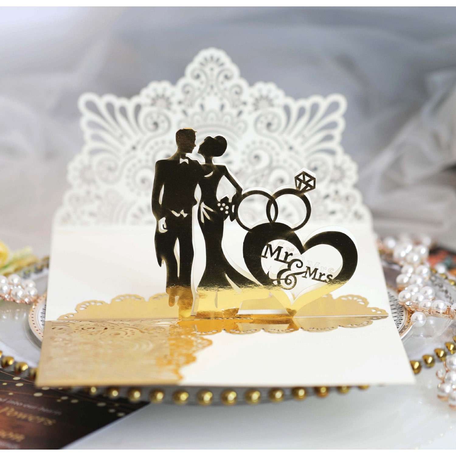 3D Wedding Invitation Card Laser Cut Paper Ivory Tint Color 